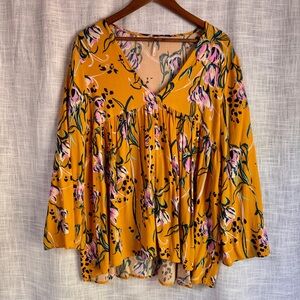 Free People Golden Yellow Bella Floral Print Long Sleeve Empire Tunic Top Size M